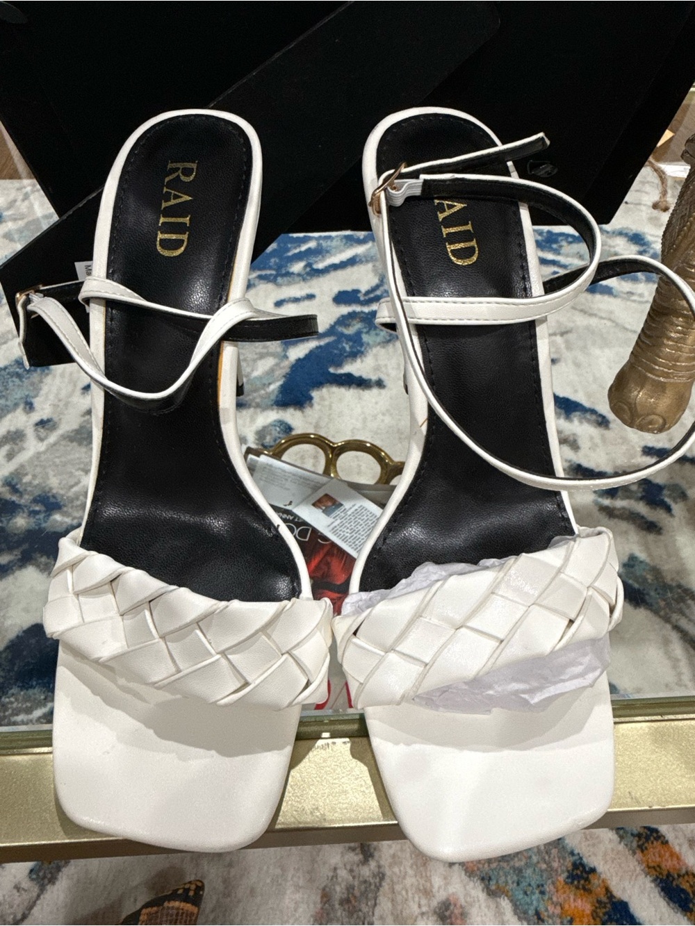 RAID White Braided Square-Toe Ankle-Strap Heels